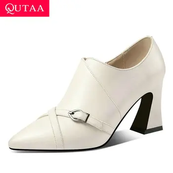 

QUTAA 2020 Pointed Toe Zipper Women Shoes Spring Autumn Cow Leather Buckle Ladies Pumps Square High Heel Single Shoes Size 34-39