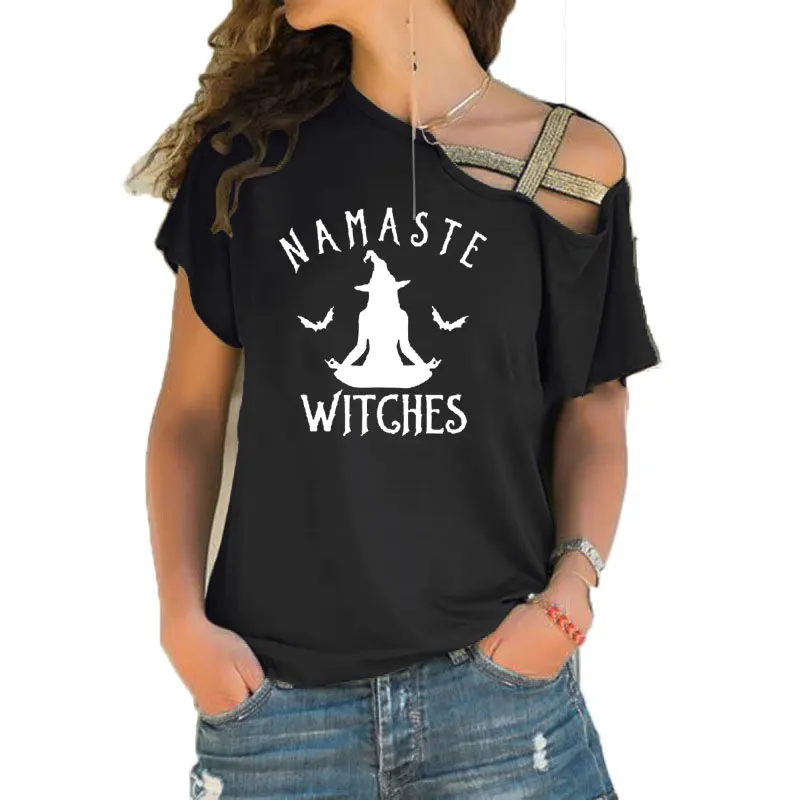 

Namaste Witches T-shirt Halloween Funny Gift Tshirt Women Fashion Meditate Spooky Bat T Shirts Irregular Skew Cross Bandage Tops