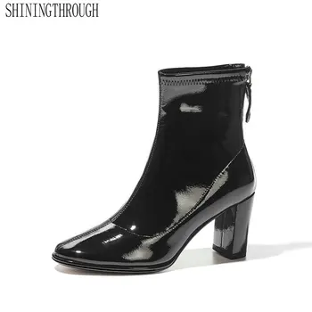 

2020 Fashion Genuine Leather Round Toe Ankle Women Boots Sexy Square High Heel Women Shoes Ladies Zipper Party Shoes