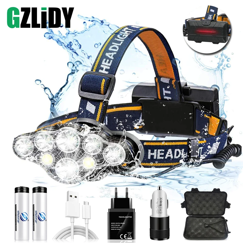 Head Flashlight COB Headlamp Powerful 8 LED Headlamp USB Rechargeable Waterproof T6 Headlight Super Bright Outdoor 18650 Lantern with Tail Warning Light