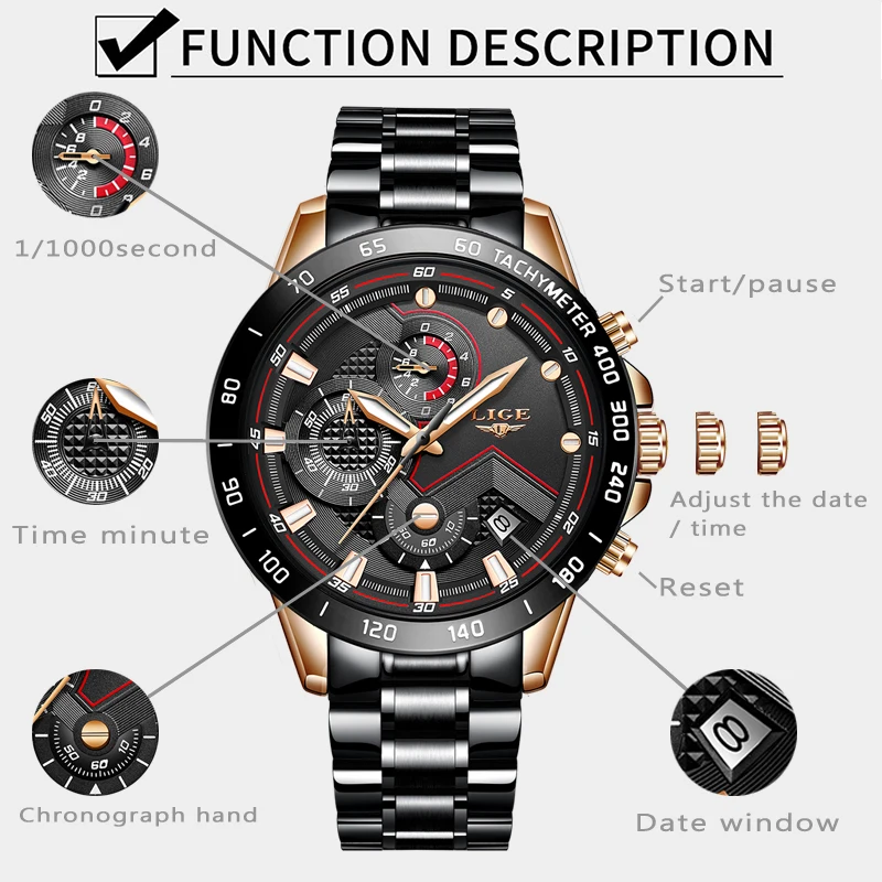 LIGE мужские часы Топ люксовый бренд из нержавеющей стали деловые часы хронограф армейские Спортивные кварцевые наручные часы Relogio Masculino
