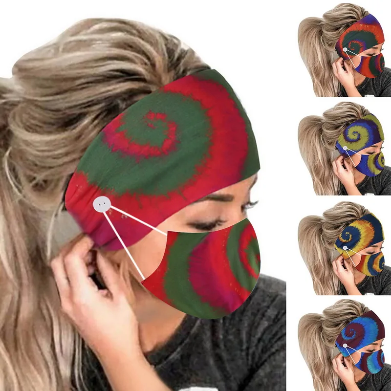 

Women's Hair Band Headband Face Cover Set Button Spiral Printed Hijab Fashion Fitness Yoga Bandana Scarf Hoop Movement Turban