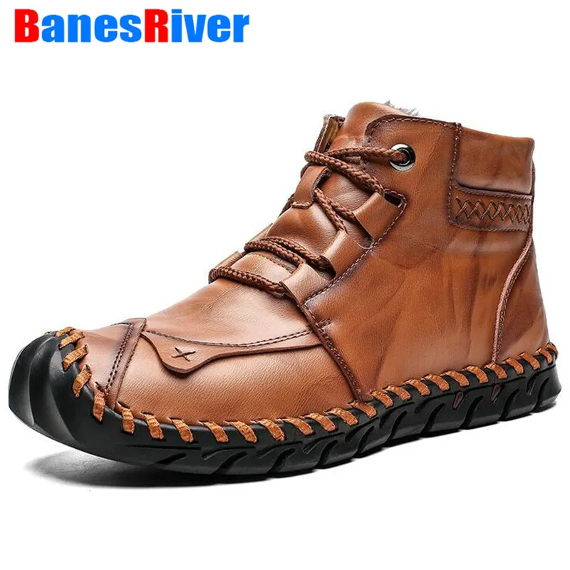 

NEW High Quality Handmade Comfy Leather Autumn Winter Men Boots Warm Plush Snow Outdoor Fur Motorcycle Ankle Men's Shoes Size 48