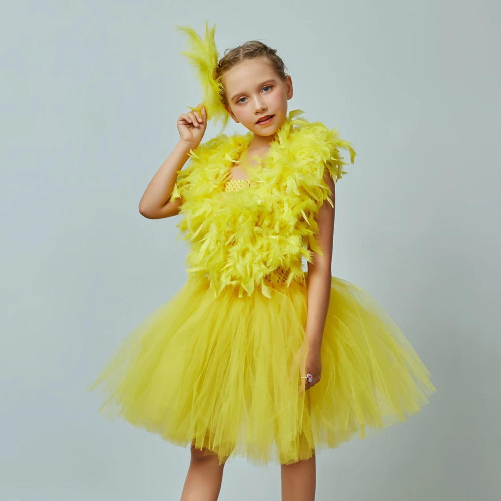 Yellow Chicken Girls Tutu Dress Kids Farm Animal Party Halloween Costume Feather Boas Children Cake Smash Photo Tulle Dress (5)
