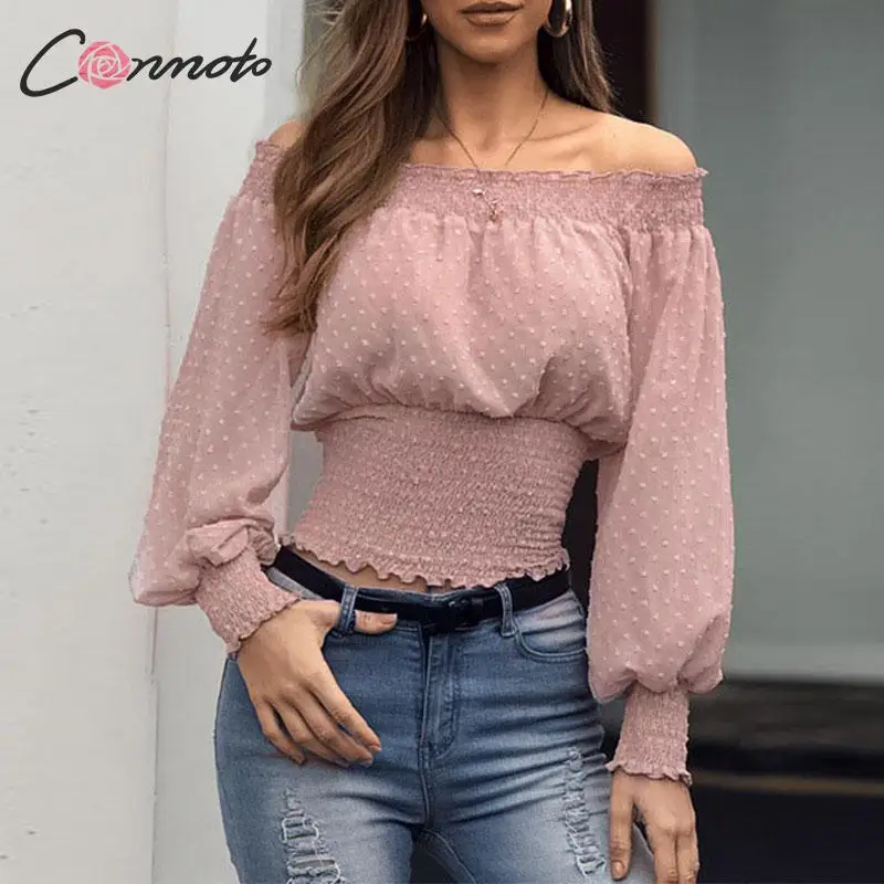 

Conmoto Sexy Off Shoulder Ruffles Blouse Women Blouse Shirts Female Chiffon Pink Blouses Shirt Twist Club Plus Size Blusas Mujer