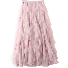 Korean Fashion Tutu Tulle Skirt Women Long Maxi Skirt Spring Summer Autumn Black Pink Grey High Waist Pleated Skirt Female