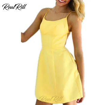 

Real Rill Spaghetti Strap Homecoming Dress Satin Lace Up Back A Line Short Prom Dress Solid Color Cocktail Dress