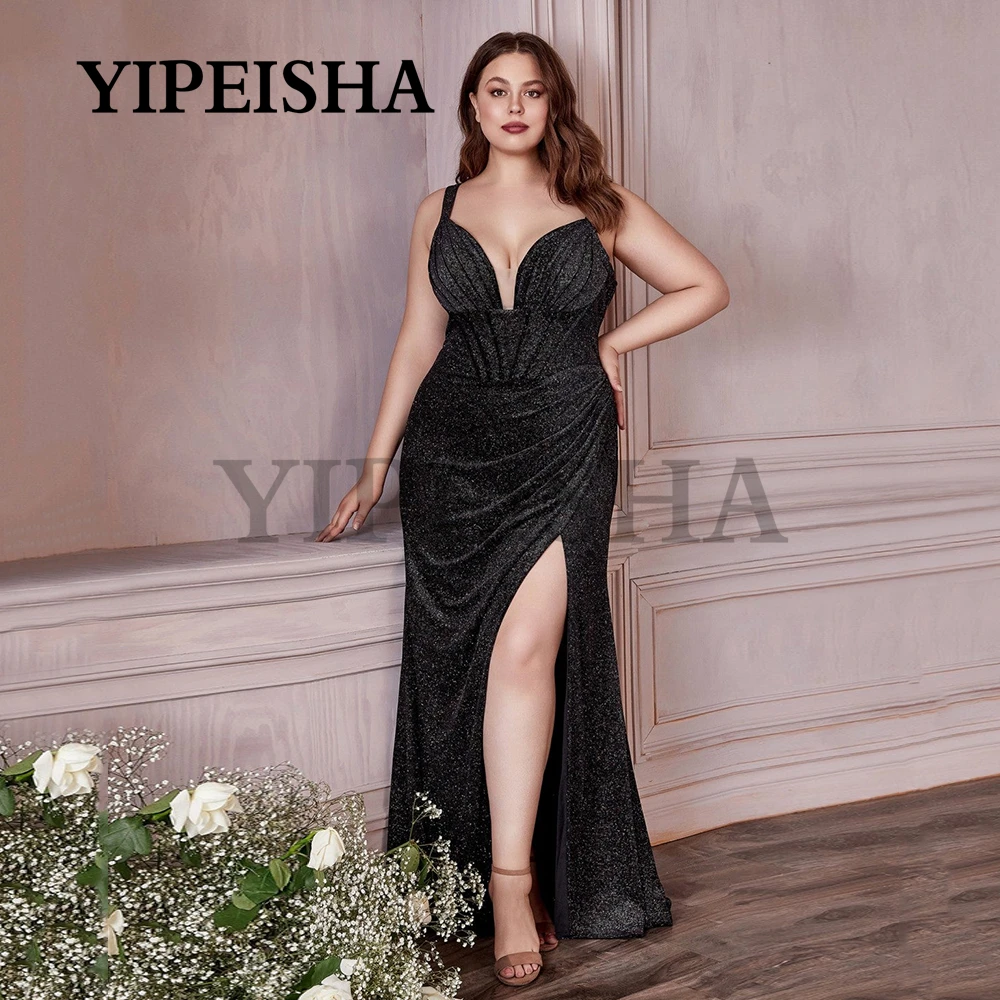 

Oversized V-Neck Front High Split Evening Dresses Glittery Sequined Spaghetti Strap Big Size Backless Prom Gown robes de soirée