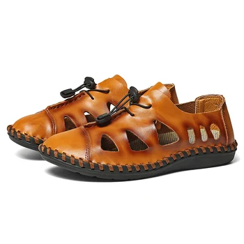 

Holes Lace-up Split LeatherCasual Men's shoes Lightweight Summer Sandals Breathable Comfort Moccasins Flat Footwear Brown Black