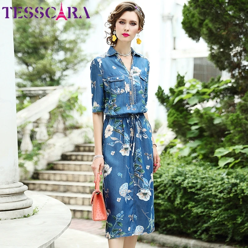 Женское джинсовое платье с цветочным принтом TESSCARA летнее Элегантное Длинное