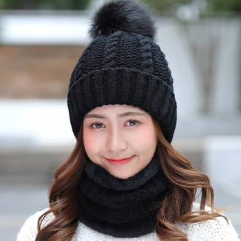 

Women Knitting Beanie Home Soft Shopping Slouchy Baggy Ski Cap Keep Warm Hat Scarf Set Faux Fur Fleece Winter