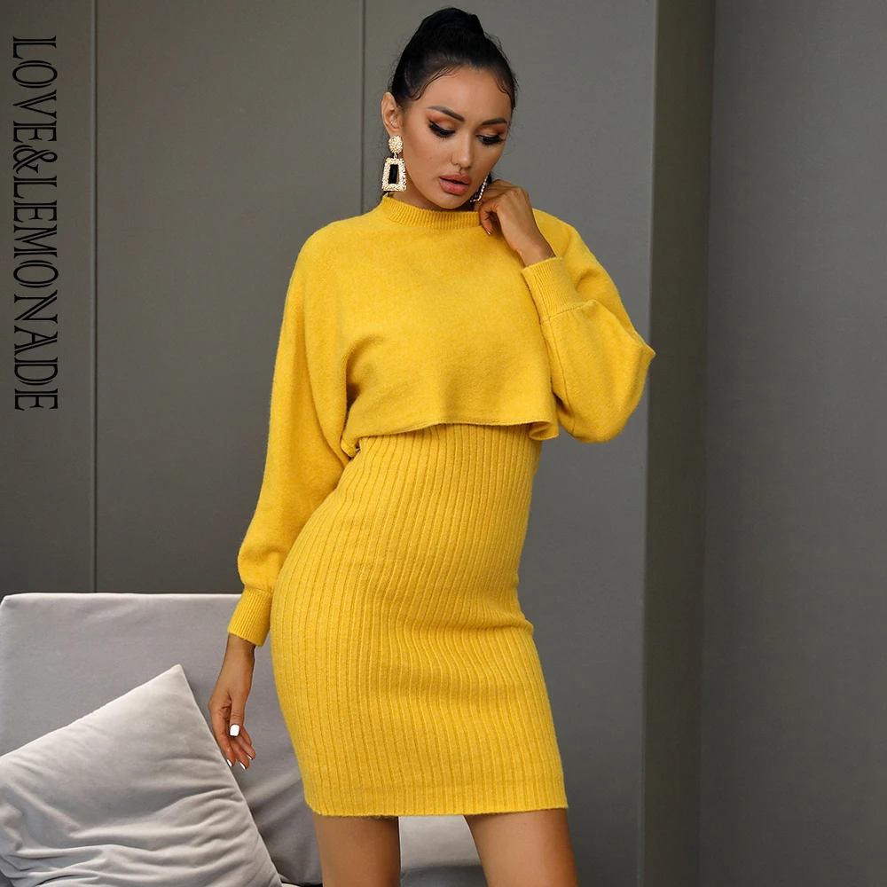 Женское мини-платье LOVE &amp LEMONADE желтое шерстяное платье с круглым вырезом и