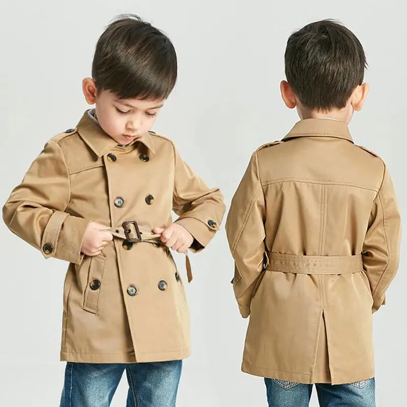 Kids Jackets Tench Coat Boy Girl Clothes Windproof British Double Breasted Windbreaker Turn-down Collar Button Belt Outwear