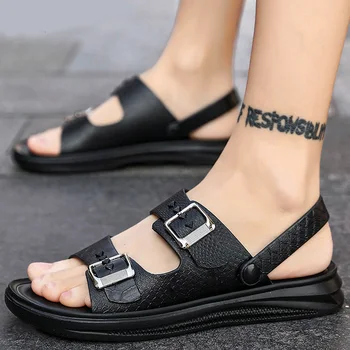 

PU leather sandals for men Crocodile leather buckle black/white sandals male summer shoes 2020