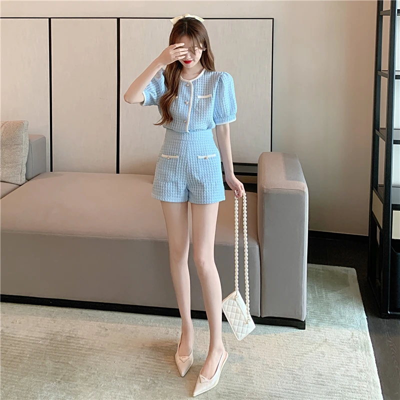 New Summer Elegant Women Blue Shorts Set Fashion Puff Sleeve Single Breasted White  Plaid Top High Waist Shorts 2 Piece Sets co ord sets