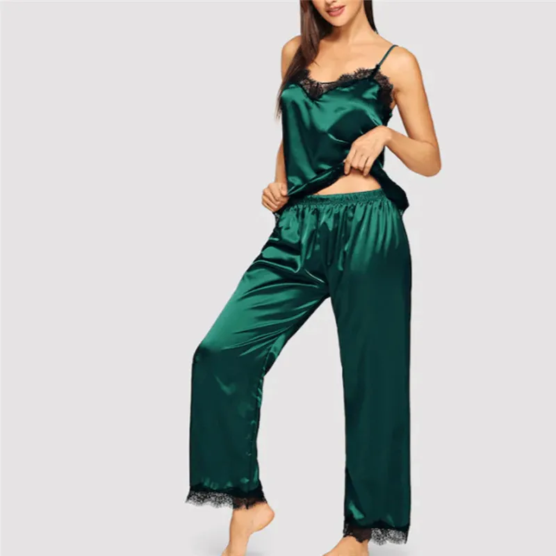 Женский Атласный пижамный комплект шелковистый летний Спагетти ремень Кружева Лоскутная одежда для отдыха Пижама без рукавов набор - Color: Green