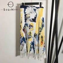 SEQINYY Long Skirt 2020 Summer Spring New Fashion Design Women Cartoon Print Pleat White Mesh Embroidery Elegant Skirt
