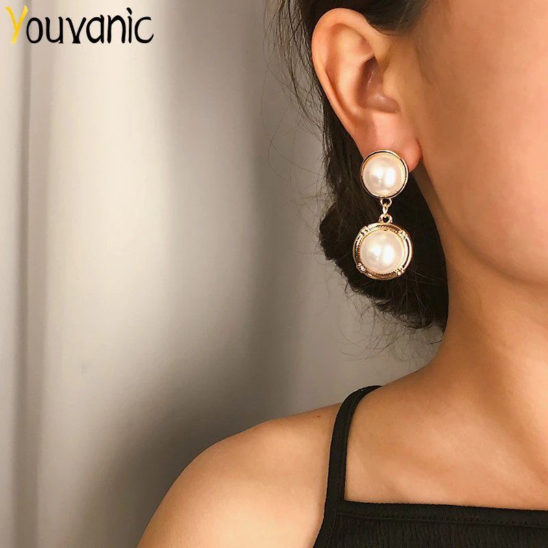 

Youvanic Korean Double Round Pearl Drop Earrings For Women Temperament Gold Dangle Earings Bridal Female Jewelry Brincos 1380