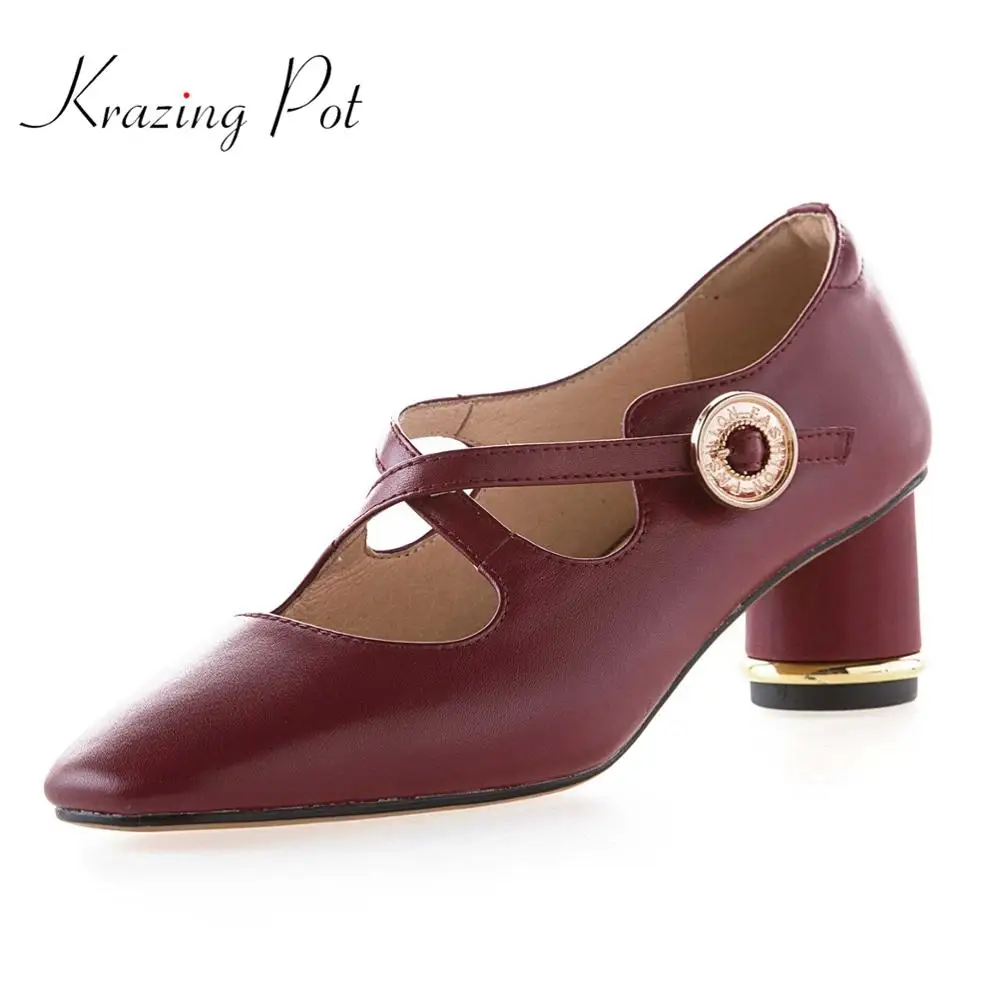 

Krazing pot vintage full grain leather square toe high round heels cross belt school style buckle straps Mary Janes shoes L77