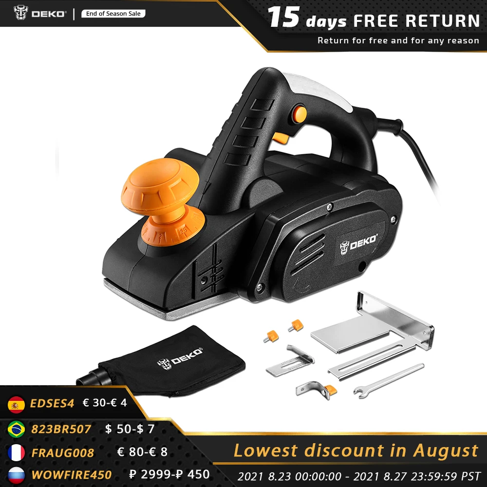 Photo Product DEKO DKEP900 220V 900W Electric Planer Power Tool Plane Hand Held For Wood Cutting With Accessories