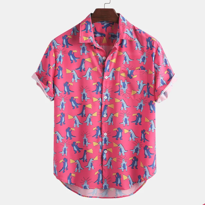 

Short Sleeve Shirt for Men Blouse Pink Hawaiian Shirts Camisa Masculina Oversized Print Lapel Cartoon Men's Summer Trend Casual