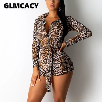 

Women Sexy Long Sleeve Leopard Print Playsuit Beach Style High Waist Lace Up Jumpsuit Romper Summer Elegant Overalls