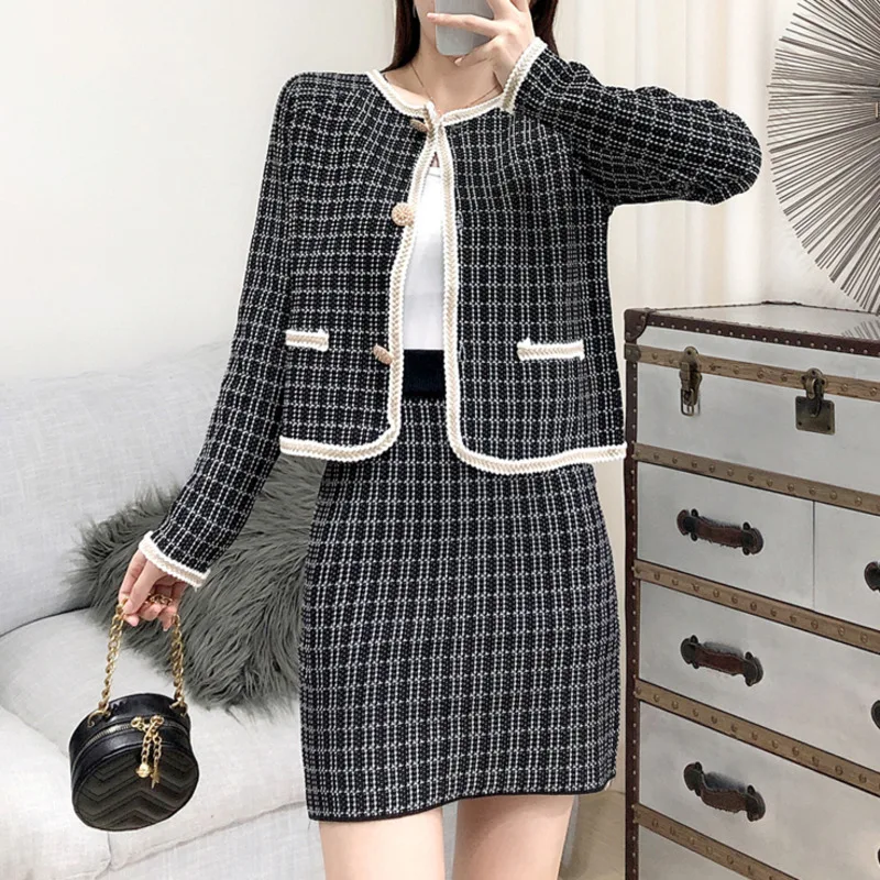 Autumn Women Two Piece Set Fashion Single Breasted Knitted Cardigans+ Bodycon Mini Skirt 2pcs Suit Female Elegant Set