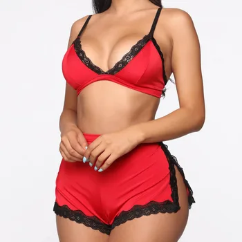

New Arrival Sexy Lace Lingerie Bra Set Shorts Underwear Sleepwear Solid Color Pajama Sets Women Lace Babydoll Homewear