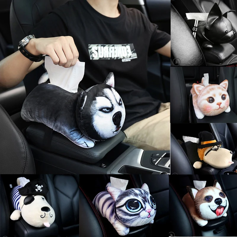 

Car Napkin Tissue Box Case Holder on Armrest Headrest Cute Plush Husky Cartoon Animals Dog Pig & Cat Home Decoration