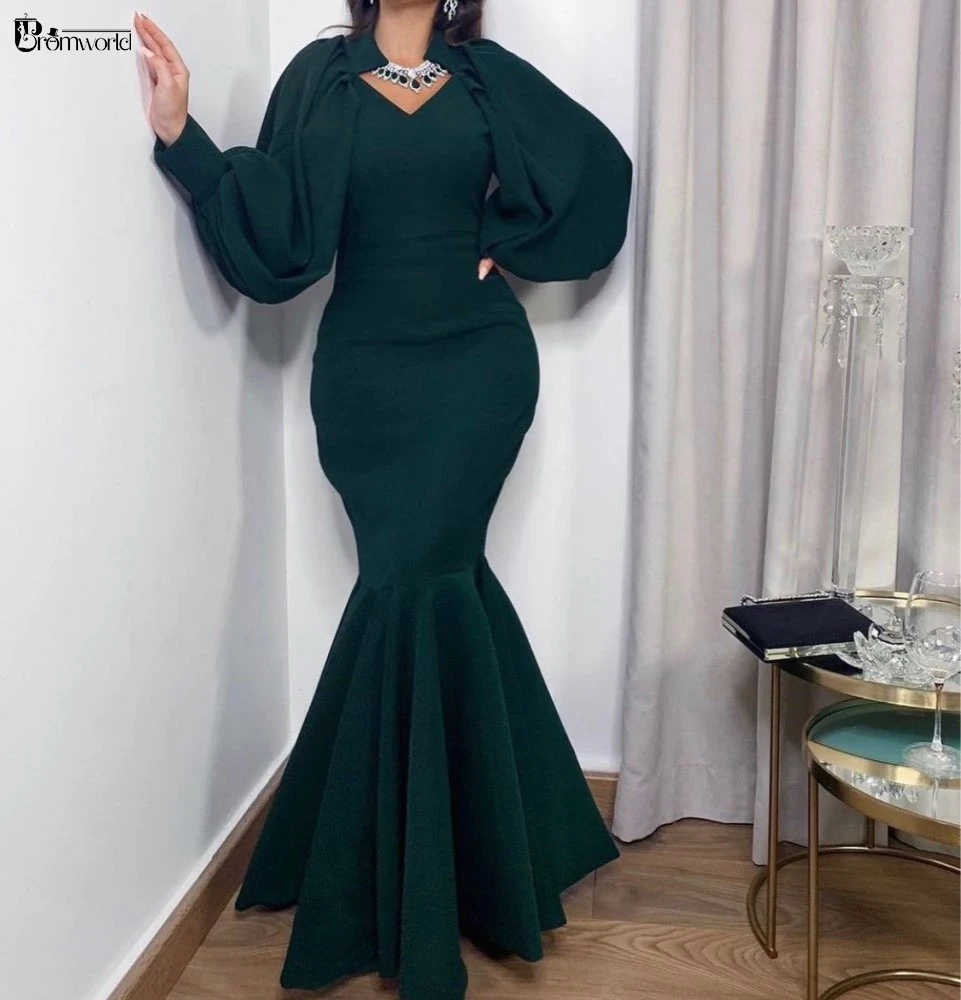 Mermaid Evening Dresses Dark Green Satin Puffy Sleeves V Neck Formal Prom Gowns Long Robe De Soiree 21 Evening Dresses Aliexpress