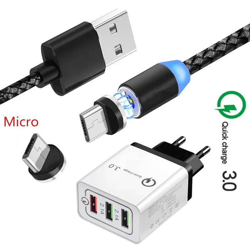 QC 3.0 Cepat Charge Charger & Magnetic USB Kabel Micro USB untuk Samsung Galaxy Kehormatan 8X 8A 7A Redmi 6A Catatan 5 6 Pro LG Q60 Ponsel
