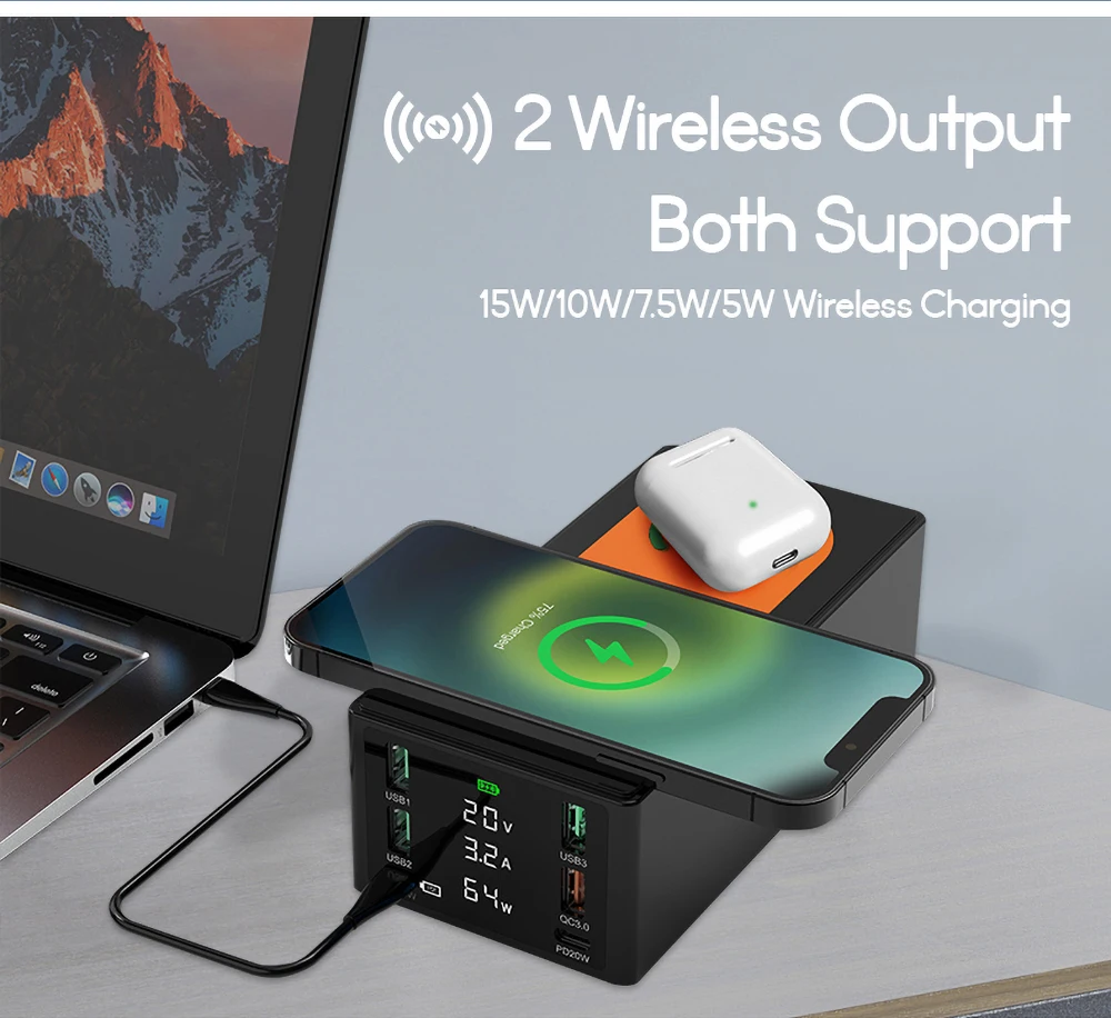 150W Multi USB Charger Hub 65W PD3.0 QC4.0 3.0 FCP Fast Charging Station Dual QI Wireless Charger Dock for iPhone 12 iPad Laptop