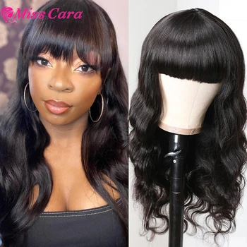 

Body Wave Human Hair Wig Natural Color Peruvian Body Full Machine Made Wigs With Bangs Miss Cara Remy Human Hair Fringe Wig