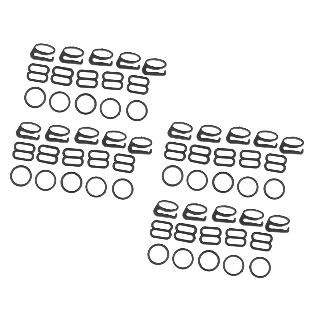 20 Sets Black Bra Strap Adjuster Slider Hook O Ring Buckles Bikini Fastener