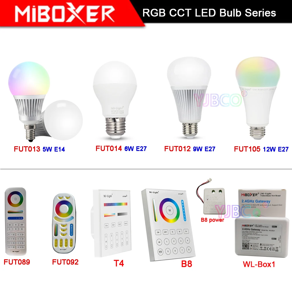 Miboxer 5 Вт 6 Вт 9 Вт 12 Вт E14 E27 RGB CCT умный светодиодный светильник Blub лампа FUT092/FUT089/T4/B8 2,4G пульт дистанционного управления FUT013/FUT014/FUT012/FUT105