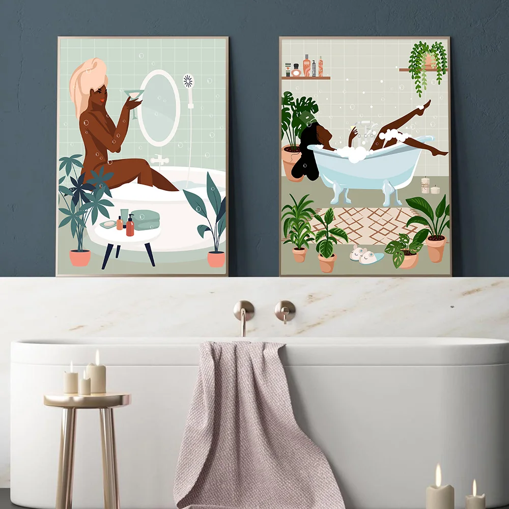 โมเดิร์นภาพวาดผ้าใบแฟชั่นสีดําสาวเวลาอาบน้ําผ่อนคลาย Wall Art ภาพนอร์ดิกโปสเตอร์และพิมพ์ห้องน้ําตกแต่งบ้าน 1