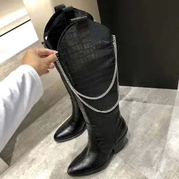 

Kccook 2020 Women's High Cusp Riding Boot with Crocodile Pattern Cowhide and Decorated Metal Chain
