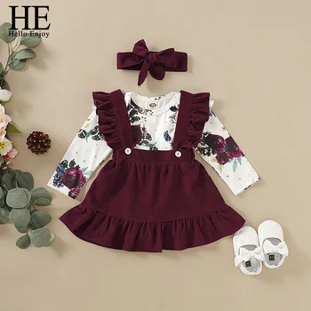 

HE Hello Enjoy Newborn Baby Girls Clothes Sets Floral Romper Jumpsuit Skirts Kids Clothing Suit Outfit Headband 3pcs infant