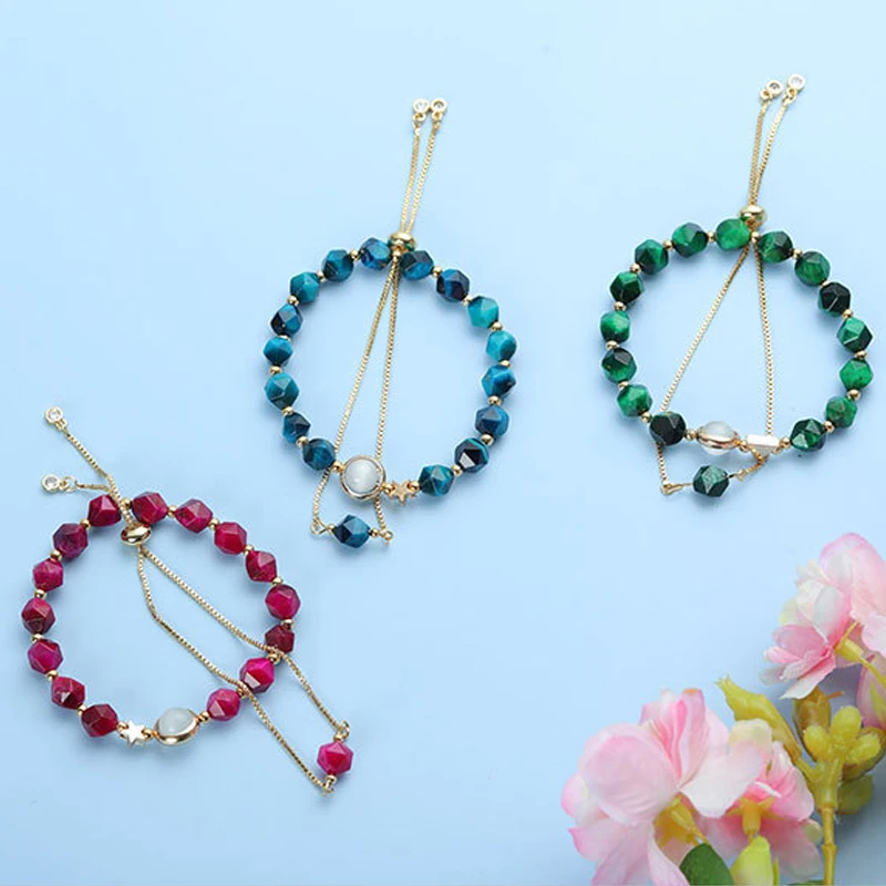 

2020 Trend Korean Luxury Cutted Natural Stone Bracelet with Metal chain for Women Christmas Simple Personaltity Bracelet set