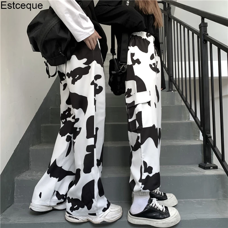 Autumn Harajuku Style Loose Cow Print Straight Pant Vintage Streetwear Wide Leg Pants Casual Trousers Men and Women Trend | Женская