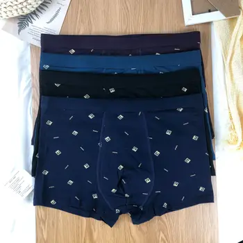 

[160-220 Pound] 4 Gift Bag Men Plus-sized Pure Cotton Knicker Men's Solid Color Printed Lard-bucket Boxers