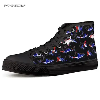 

Twoheartsgirl Cool Cartoon Ocean Shark Print High Top Canvas Shoes Classic Vulcanized Shoes for Men Casual Male Sneakers