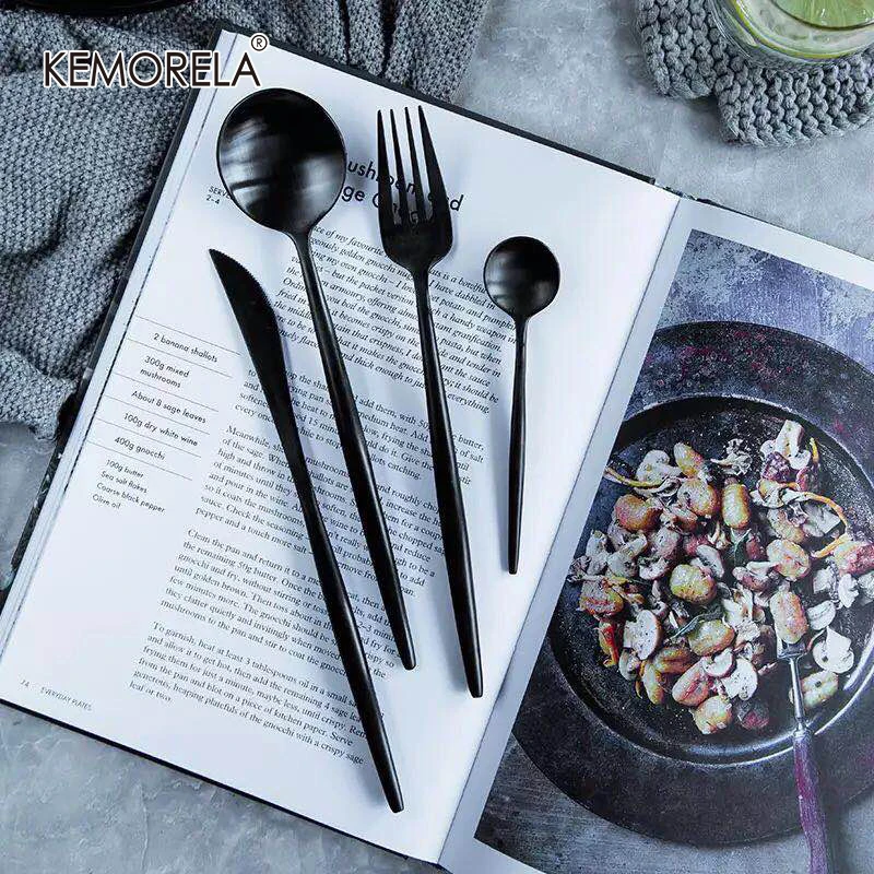 304 Stainless Steel Cutlery Tableware Dinner Set Forks Knives Scoop Set Silverware Titanium black kitchen food dinnerware