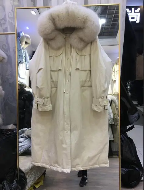 Толстая теплая длинная пуховая парка натуральный Лисий меховой воротник зимняя женская куртка высококачественное пальто с капюшоном женская белая куртка на утином пуху - Цвет: 4