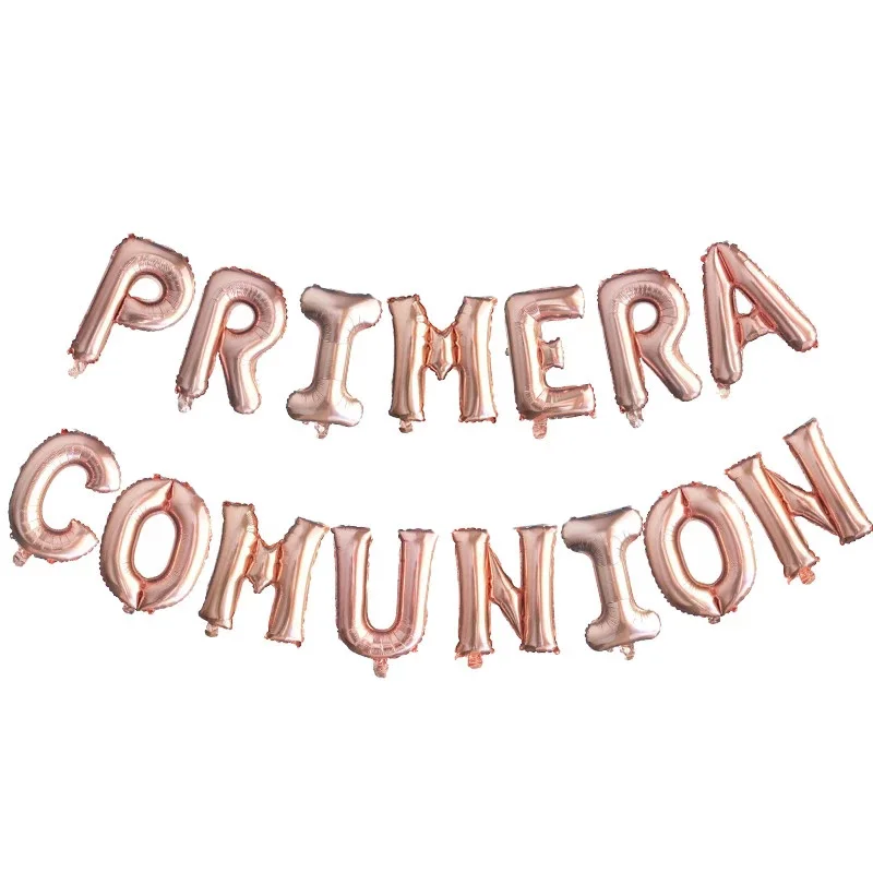 15Pcs Santa Prima Comunione Decorazione Palloncini Foil Oro Rosa Banner Primera Spagnola Comunion Appeso Zigolo Cerimonia Battesimo