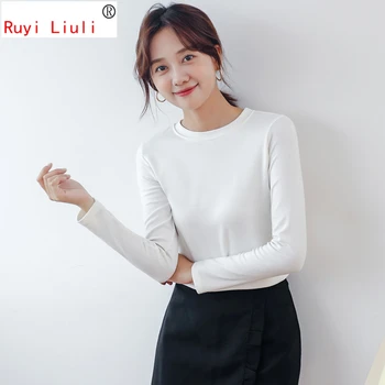 

White loose thin bottom shirt 2019 new spring and autumn plain color simple top long sleeve bottom T-shirt