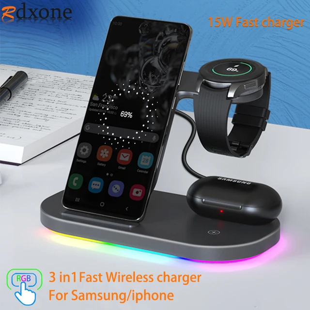 Supporto per cricbtterie Wireless 3 in 1 15W ricric rpid per Smsung Glxy S21/S20/S10/S9 orologio 3 4 Clssic Active 1 2 per iPhone 13 12|Chrgers|  
