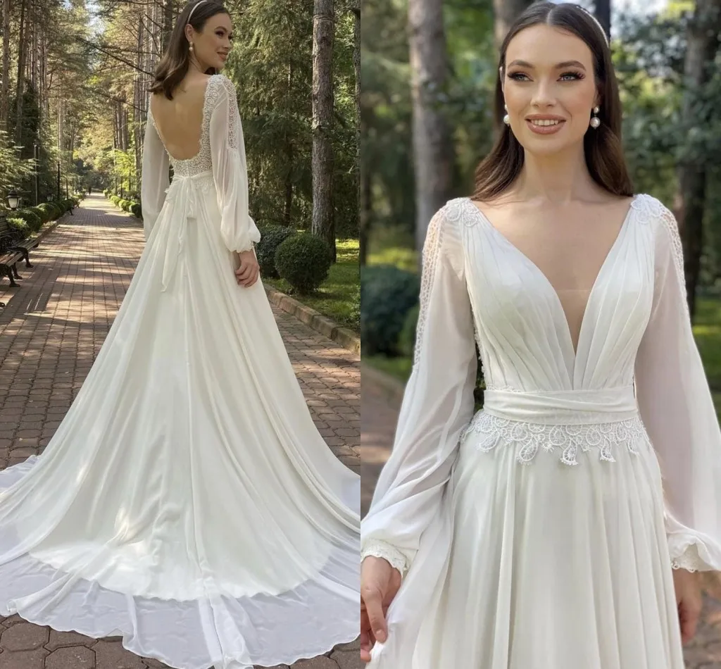 

New Wedding Dresses Beach A-line Bridal Gowns Long Sleeve Backless Lace Chiffon Boho 2024 Vestidos De Noiva Mairage