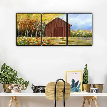 

Abstract Autumn Landscape Canvas Painting Mountain Hut Forest Wall Art Oil Painting 3 Panels Poster And Prints Home Decoration