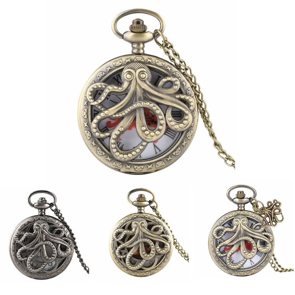 

Classic Bronze Octopus Half Hunter Pocket Watch Men Quartz Charming Hollow Clock Necklace Chain with Pendant Gift for Kids